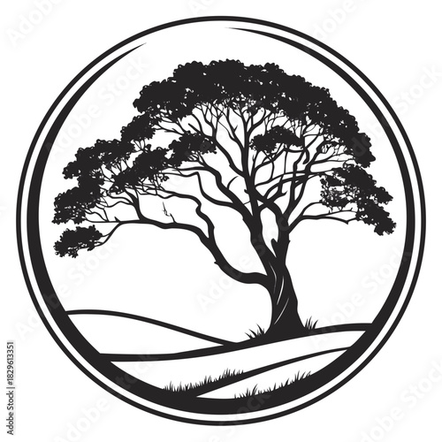 A stylized black silhouette of a majestic sprawling tree with intricate branches and dense foliage enclosed within a circular frame set against a backdrop of rolling hills and grass