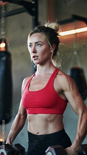Muscular mature woman performing a dumbbell lateral raise exercise. Focused fitness enthusiast building shoulder strength in a gym setting