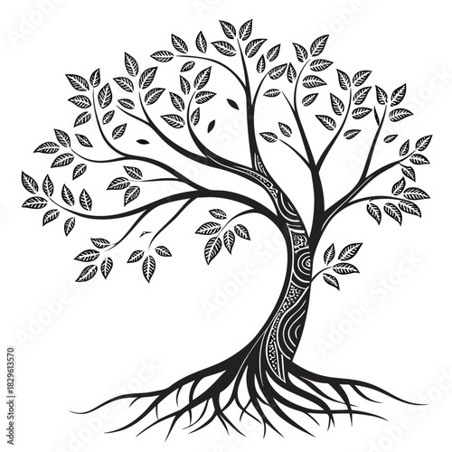 Stylized black and white tree with intricate patterned bark and visible roots representing growth nature and life