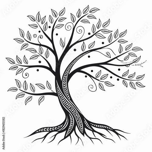 Stylized black and white illustration of a decorative tree with intricate patterns on its trunk and roots adorned with leaves and swirling branches set against a clean white background