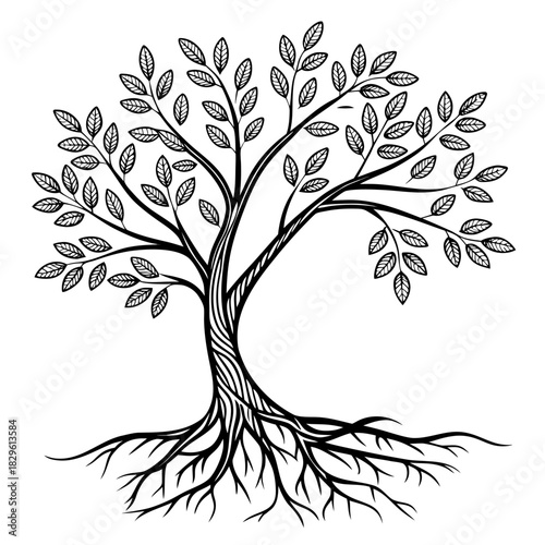 A stylized black and white illustration of a majestic tree with a strong root system and numerous leaves symbolizing growth and life