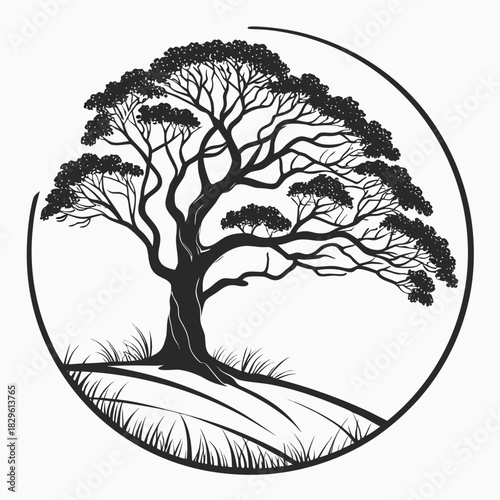 A stylized silhouette of a majestic sprawling tree with a full canopy of leaves and intricate branches enclosed within a circular frame set against a backdrop of rolling hills and blades of grass
