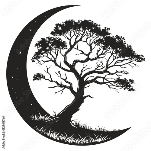 Silhouette of a majestic gnarled tree with lush foliage standing proudly on a grassy hill framed by a crescent moon adorned with twinkling stars evoking a sense of wonder and nighttime magic