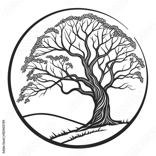 Stylized black and white illustration of a mature flowering tree with intricate branches and a twisted trunk enclosed within a circular frame set against a simple landscape
