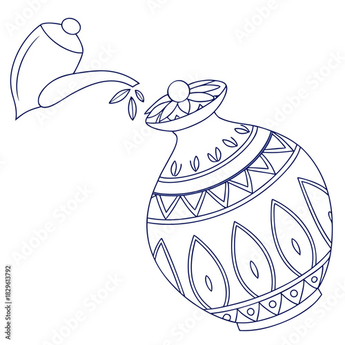 A decorative hand drawn outline illustration of a traditional indian clay pot being filled with water from a spout symbolizing purity and tradition