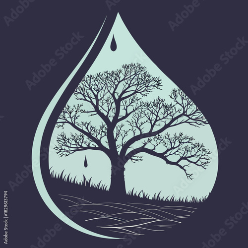 Stylized illustration of a bare tree silhouette within a large water drop shape symbolizing nature and water conservation with grass and soil elements