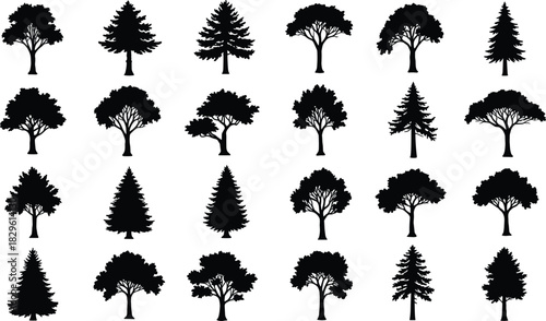 Set of 25 Black Tree Silhouettes, Vector Icons for Landscape Design, Forestry and Botany Reference, Minimal Flat Scalable Clipart on White Background