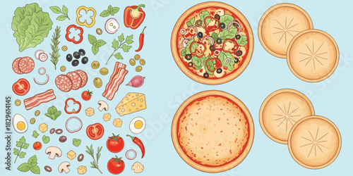 Pizza ingredients, topping selection, cooking stages, crust preparation, food process, culinary elements, sliced base, flat vector illustration