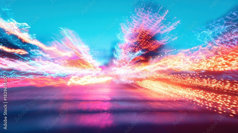 Fototapeta premium Colorful light trails create a vibrant atmosphere on a busy street at night