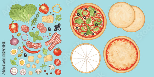 Pizza ingredients, topping variety, cooking stages, food preparation, sliced crust, herbs and cheese, culinary process, flat vector illustration