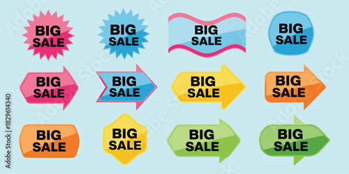Big sale labels, colorful tags, promotional graphics, discount signs, marketing elements, retail stickers, advertising icons, flat vector illustration