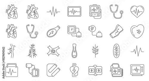 A collection of line art icons representing cardiology and related medical concepts.