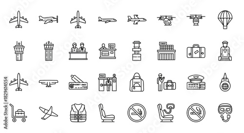 Set of airport icons in thin line style. Vector illustration.