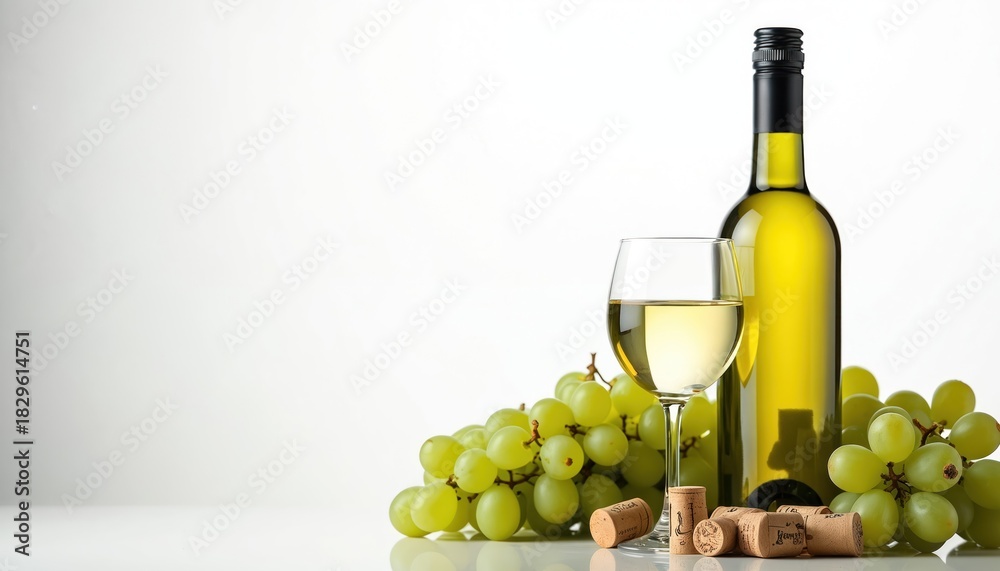 Obraz premium Glass of white wine bottle grapes and corks on white background. Fresh beverage concept for winery, restaurant, or home entertaining. Great for ads.
