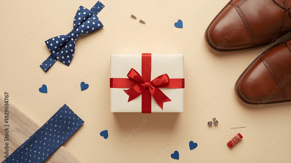 Obraz premium Flat lay of a wrapped gift with red bow, brown leather shoes, blue bow tie and tie, sewing accessories, and heart decorations on a beige background. Perfect for Father’s Day, men’s gifts
