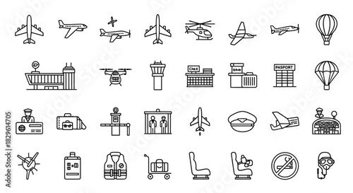 A collection of line art icons representing various aspects of air travel and aviation.
