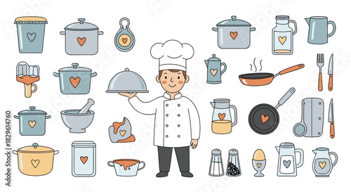 A friendly cartoon chef surrounded by an assortment of kitchenware and cooking tools, each adorned with a cute heart symbol.