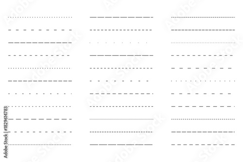 Dashed and dotted lines set. Straight contour divider, border. Horizontal simple stroke collection. Separate and divide element bundle for banner, booklet, for flyer, poster, brochure,