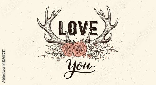 A hand-drawn illustration featuring rustic antlers, \.