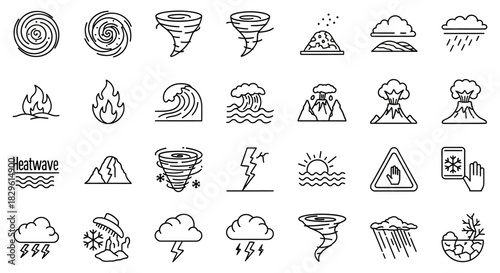 Collection of weather and natural disaster icons in black and white line art style.