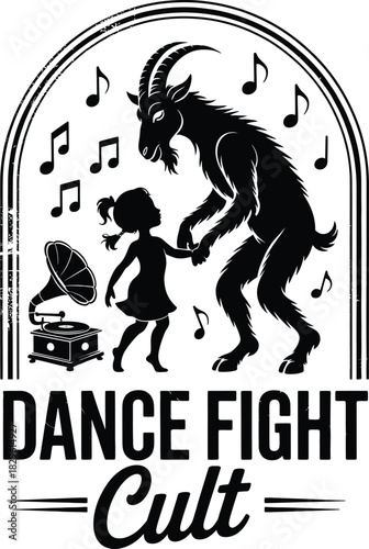 Silhouette of goat and girl dancing near gramophone with music notes