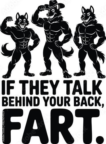 Three anthropomorphic wolves flexing muscles and wearing a cowboy hat