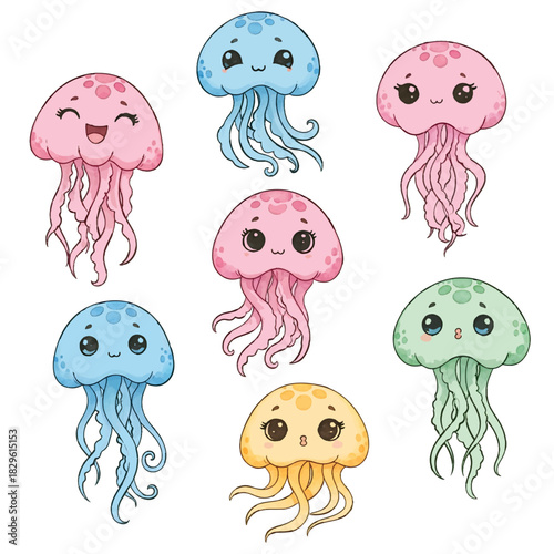 Cute Kawaii Pastel Jellyfish Clipart Collection Set