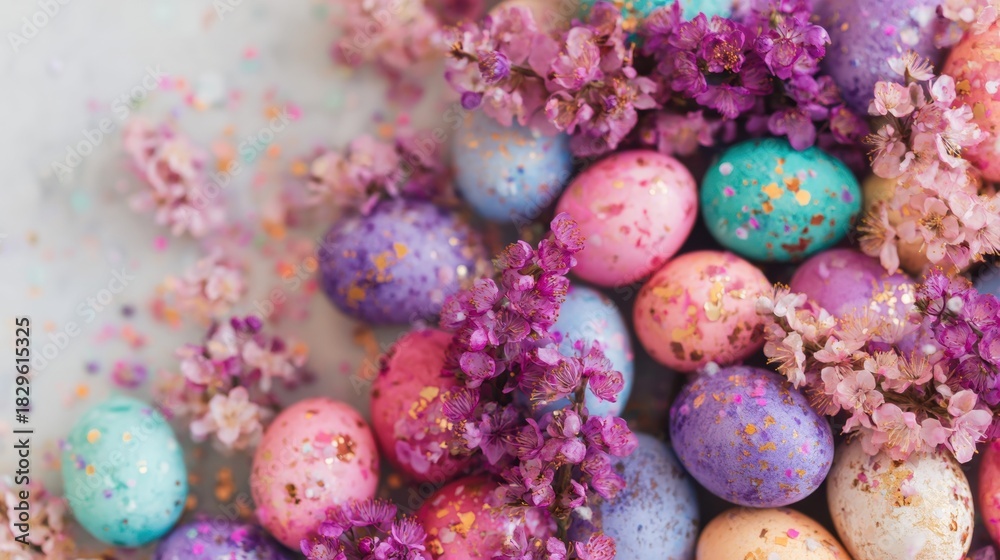 Obraz premium Colorful eggs surrounded by flowers for Easter celebration