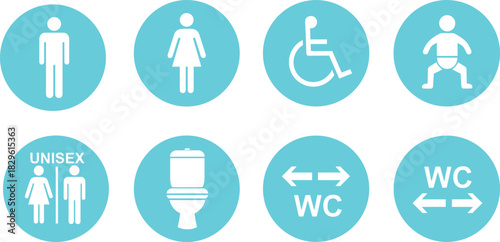 Restroom signage icons, WC symbols, toilet direction signs, baby changing icon, accessibility restroom, public facility, flat vector illustration