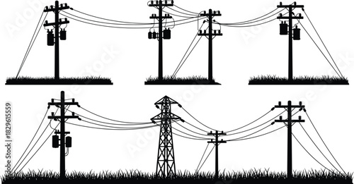 Utility poles and transmission tower silhouettes, power lines across grassy terrain, electrical infrastructure illustration, high-voltage distribution network, rural energy grid vector art