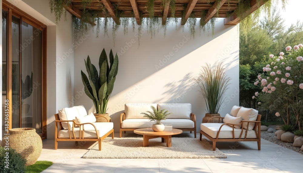 Fototapeta premium Modern patio furniture set with comfy cushions. Outdoor lounge area with plants and wooden table. Stylish exterior space for relaxation and entertaining guests.