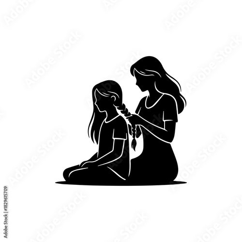Minimalist black and white vector silhouette of a mother braiding her daughter's hair, depicting a tender, feminine scene of care, love, and bonding.