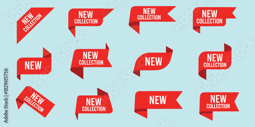 Red ribbon labels, new collection tags, promotional stickers, retail design elements, marketing badges, product highlight, flat vector illustration