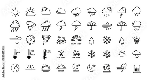 A collection of weather forecast icons, including sun, clouds, rain, snow, wind, and storms, in a simple line art style.