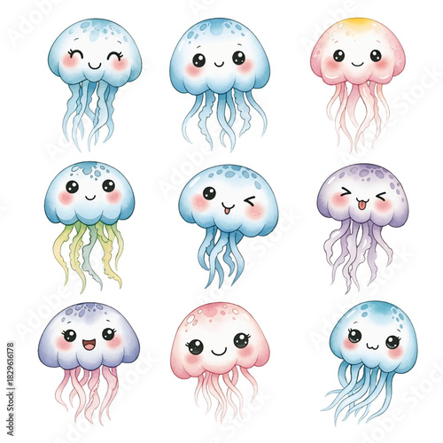 Set of Happy Colorful Watercolor Marine Jellyfish