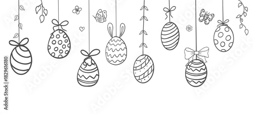 Easter eggs hanging horizontal garland, eggs with rope, bows, decorations, ornament. Holiday hand drawn doodle sketch border. 