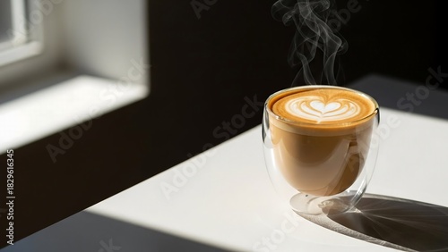 Glass cup with steaming latte, soft window side-light on matte white tabletop for modern beverage photography