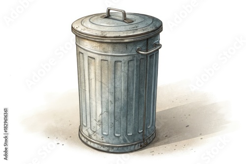 Metal Trash Can Standing Alone on Dirt Surface in a Quiet Area