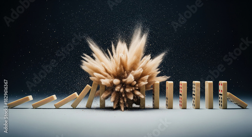 Domino Effect in Chaos: A captivating image capturing the chain reaction of dominoes toppling in an organized line, disrupted by an explosive burst of fine particles, symbolizing chaos