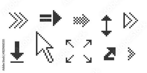 Pixel arrow set. Pixel art different directions 8 bit gaming console style sign. Interface icon. Collection