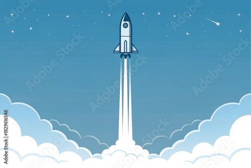 Rocket Launches Into a Clear Blue Sky With Clouds and Stars Around