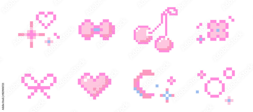 Fototapeta premium Set cute pixel elements, girly stars, bows, heart. Spring flowers and cherry y2k retro game 8 bit icons. Pixel collection.