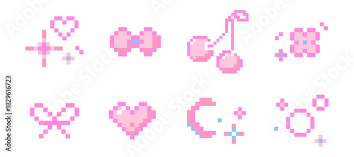 Set cute pixel elements, girly stars, bows, heart. Spring flowers and cherry y2k retro game 8 bit icons. Pixel collection.