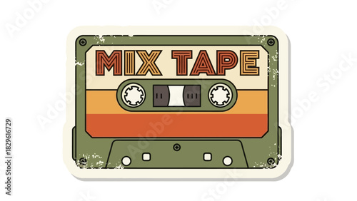 A vintage distressed green and orange mix tape cassette sticker with retro design.