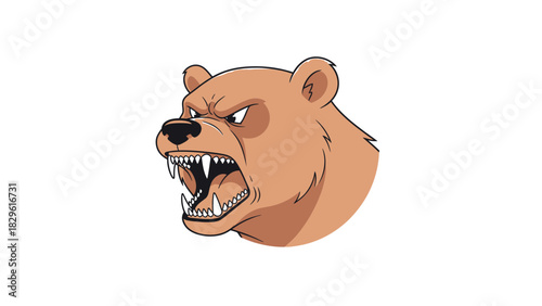 Detailed illustration of an angry brown bear head with open mouth and sharp teeth, growling fiercely.