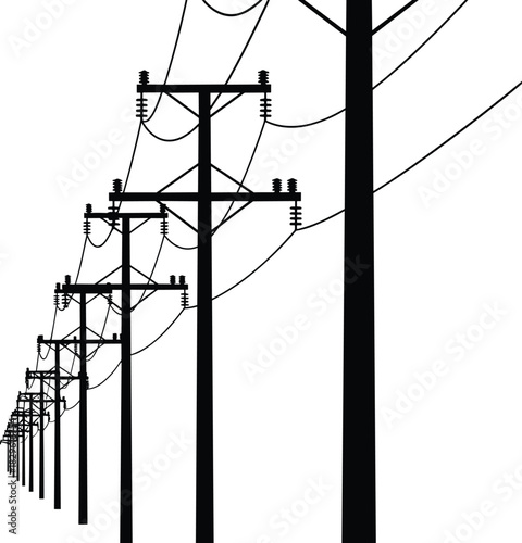 Utility poles receding into distance, power lines converging, industrial landscape,  scene