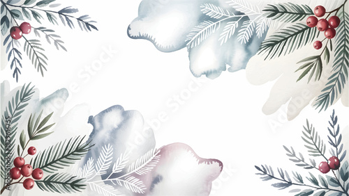 Watercolor Winter Pine and Holly Berry Frame , Frosty Christmas Holiday Card Template Vector , Hand Drawn Botanical Evergreen Illustration , Aesthetic Winter Season Branch Border Design