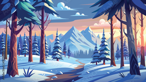 Christmas winter landscape background with snow falling and pine forest illustration