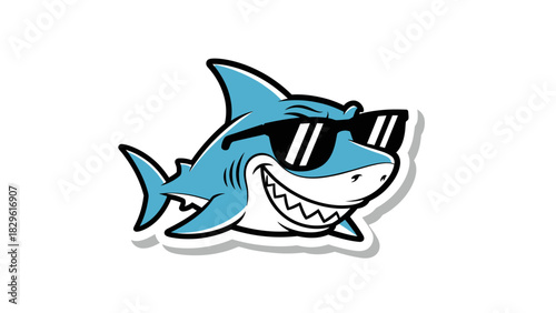 A cool cartoon blue shark with a wide grin wearing black sunglasses, depicted in a sticker style.