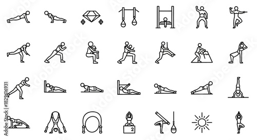 Collection of line art icons depicting various exercises and fitness activities, including yoga poses and strength training.